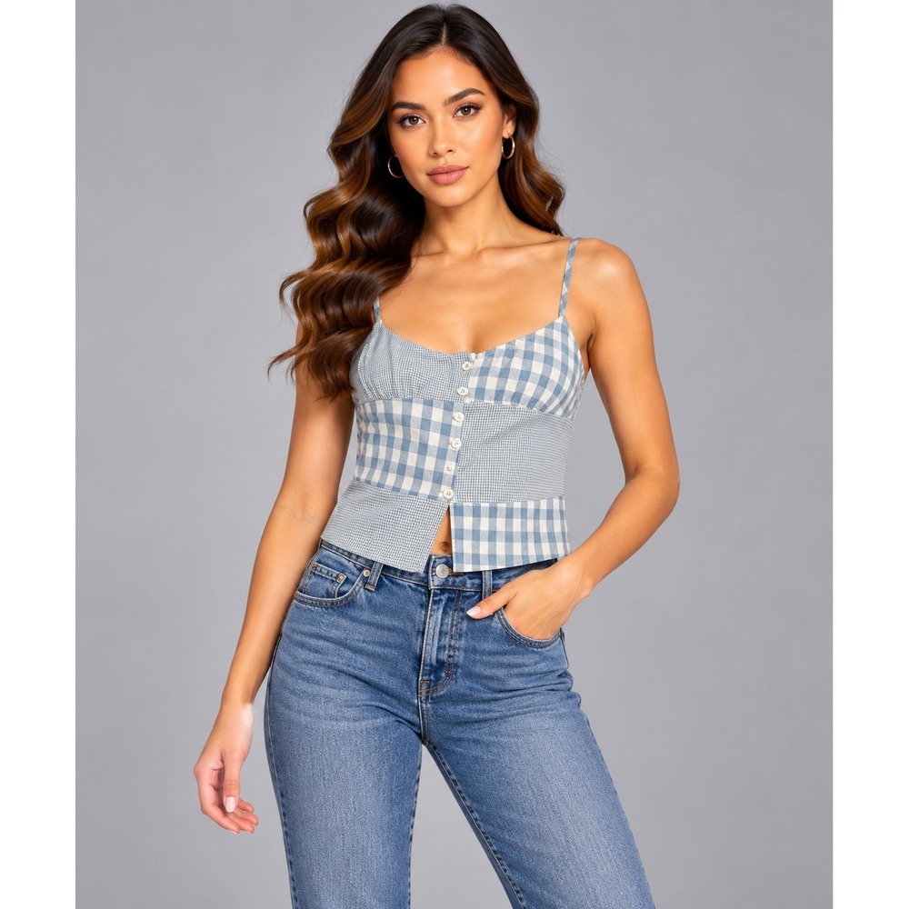 Stile Patchwork Gingham Tank Womens Small Blue NEW Button Front Camisole Top